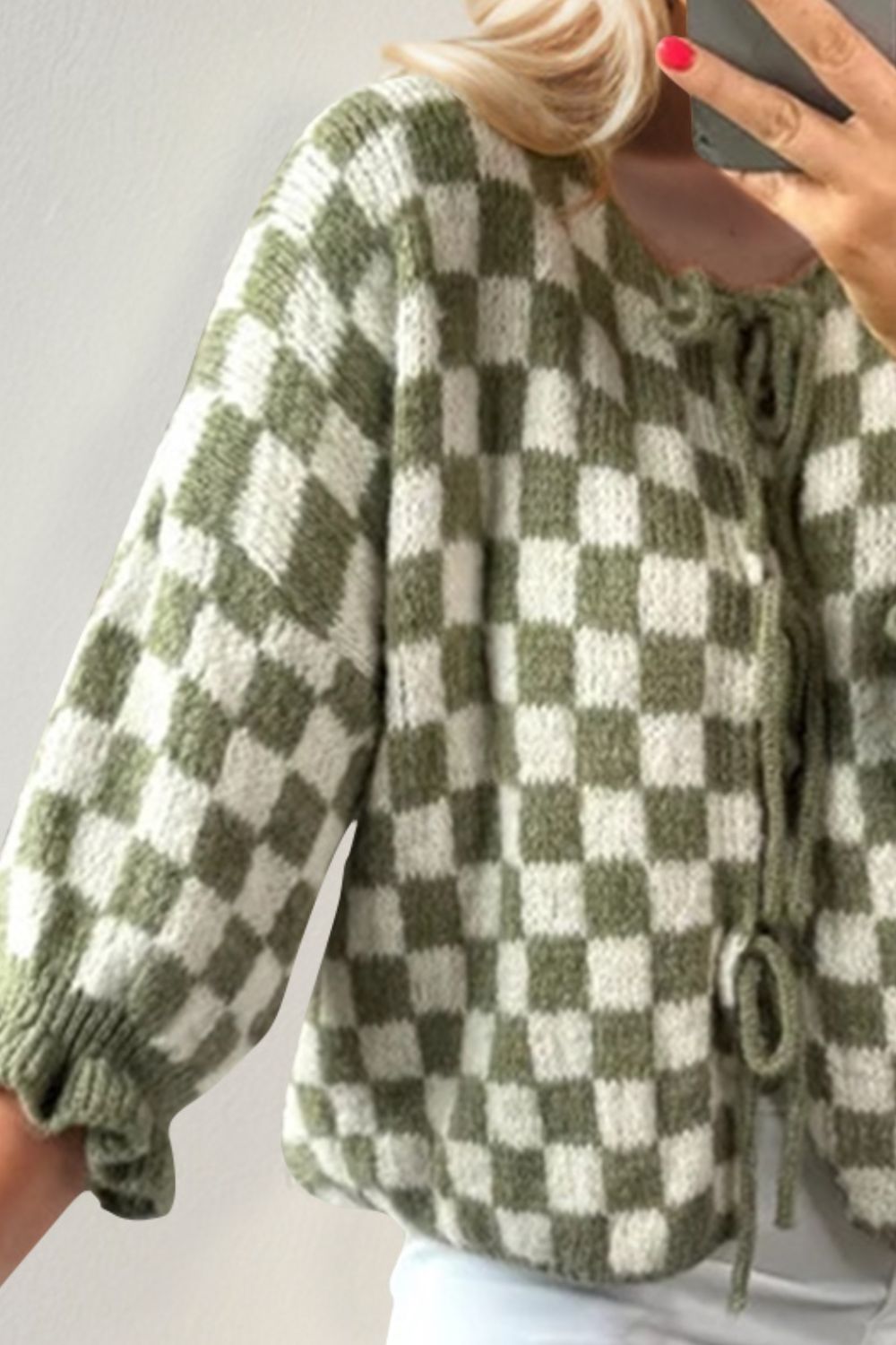 Double Take Tied Checkered Dropped Shoulder Flounce Sleeve Cardigan Trendsi