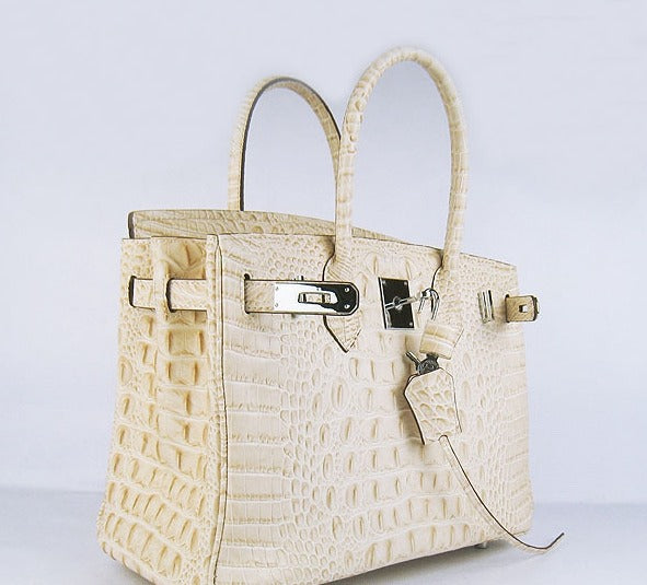 Birkin 30cm Crocodile Head Vein Handbags Beige Silver - sneakerlandnet