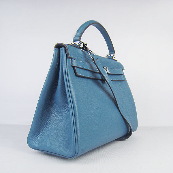 HMS Kelly 32cm Togo Leather Handbag Blue/Silver Kilta bags