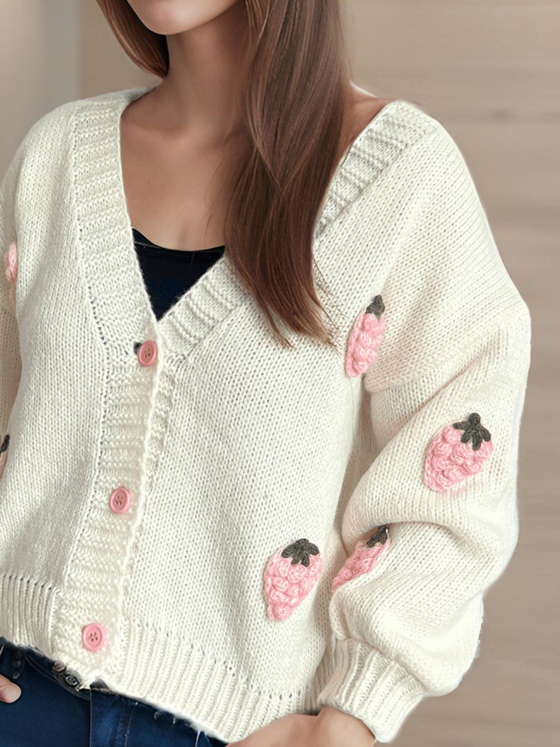 Crochet Strawberry V-Neck Long Sleeve Cardigan Trendsi