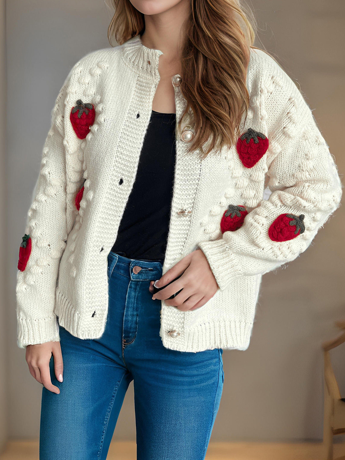 Strawberry Button Down Long Sleeve Cardigan Trendsi