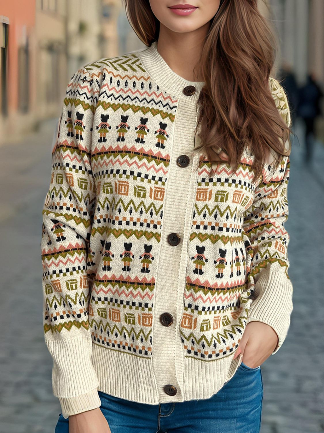 Graphic Button Down Long Sleeve Cardigan Trendsi