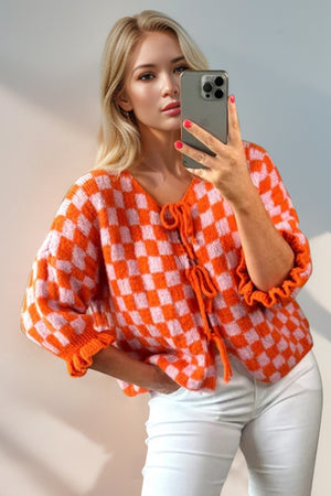 Double Take Tied Checkered Dropped Shoulder Flounce Sleeve Cardigan Trendsi