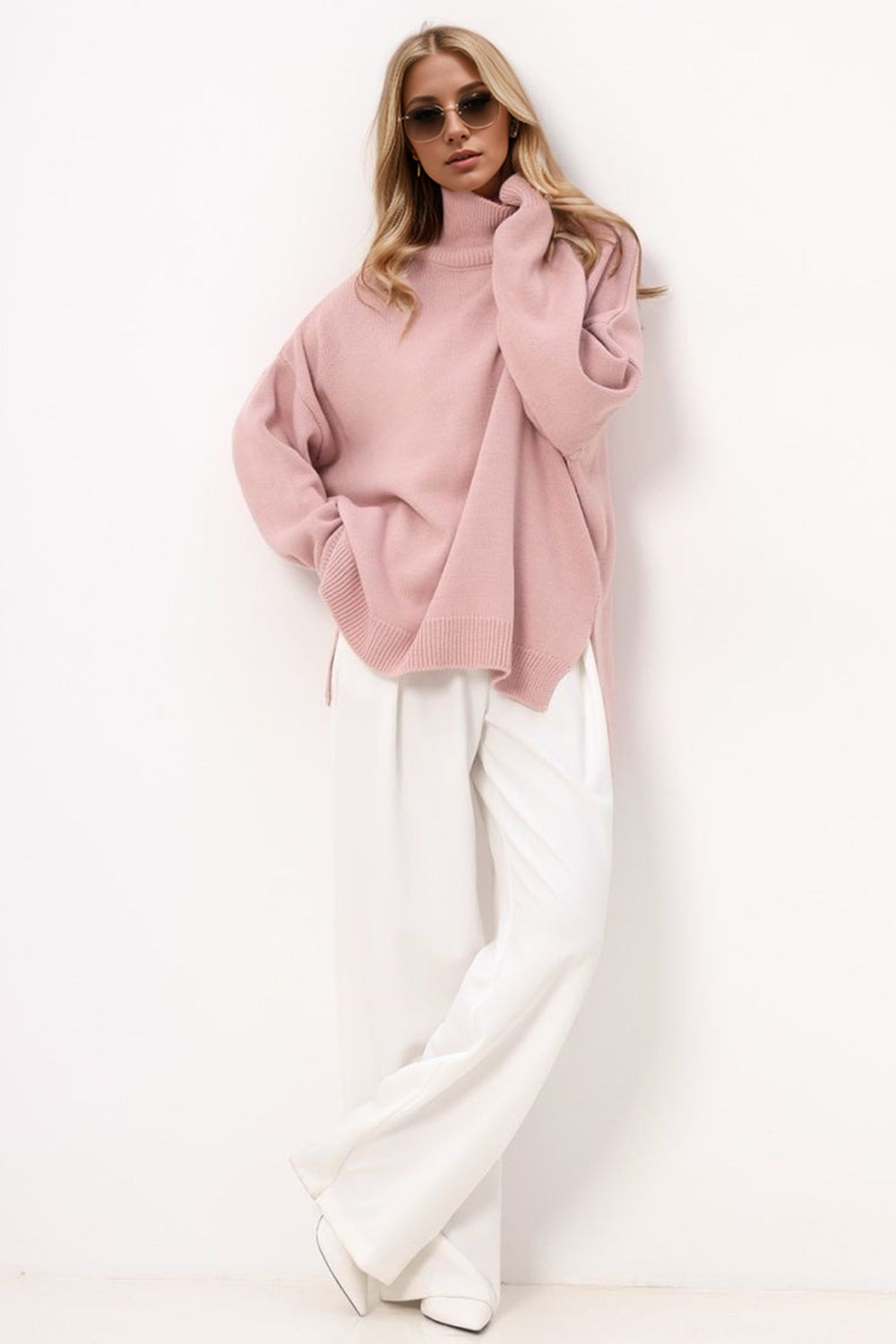 Basic Bae Side Slit Turtleneck Long Sleeve Sweater Trendsi