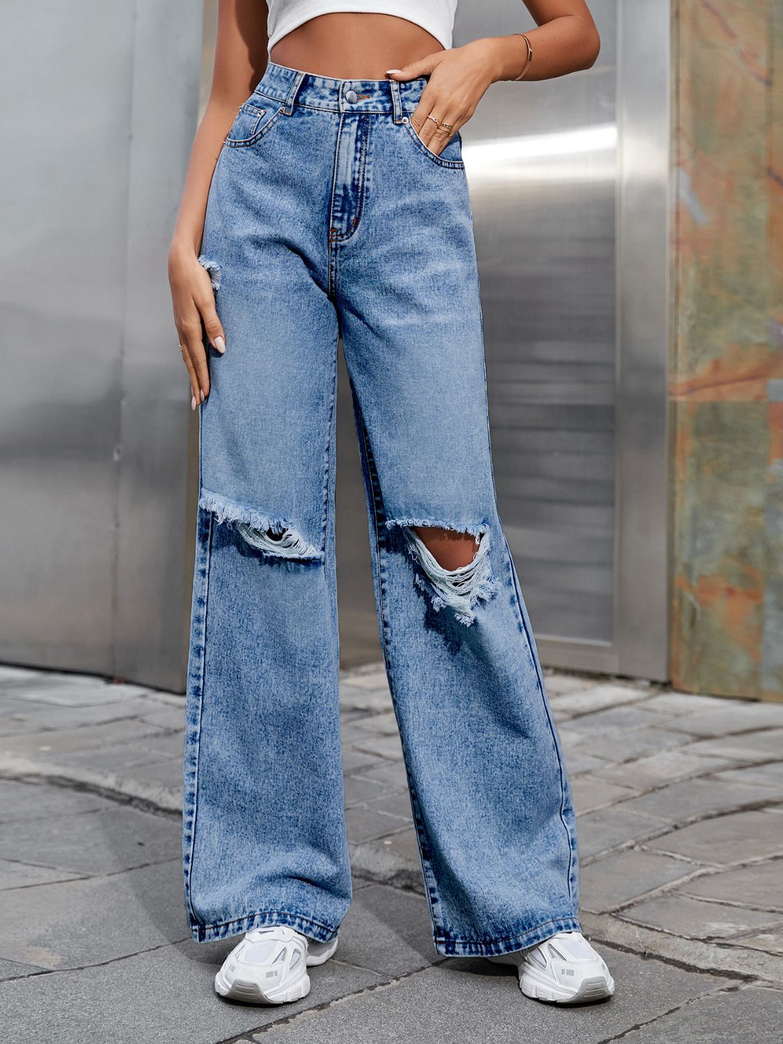 Distressed Wide Leg Jeans with Pockets Trendsi