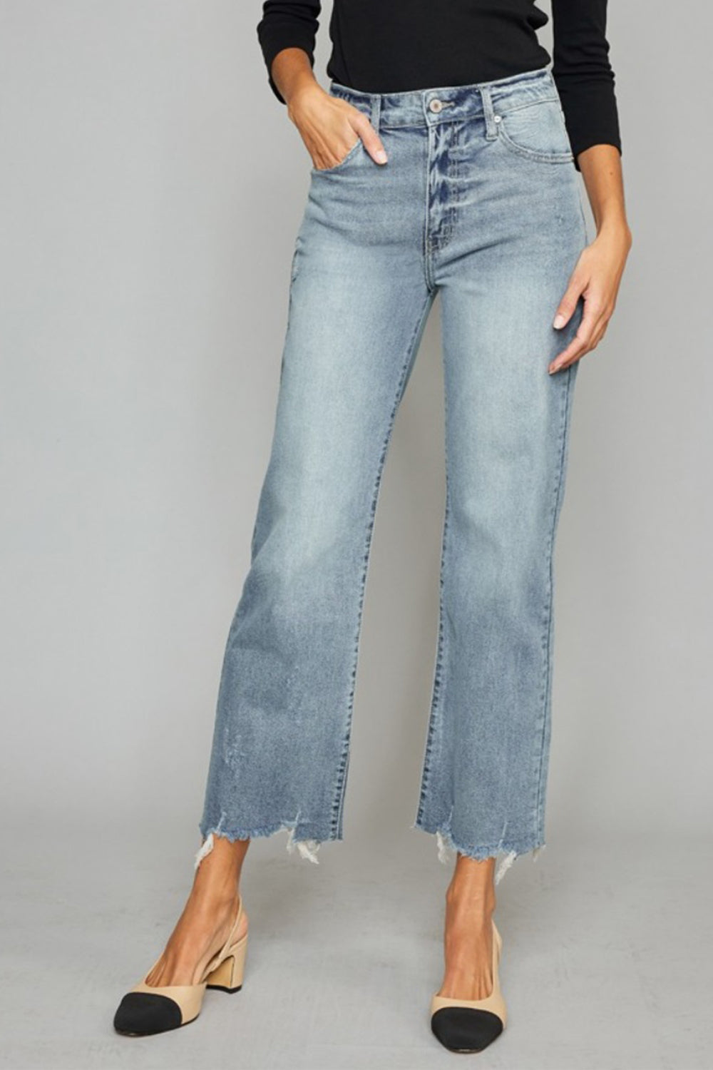 Kancan High Waist Raw Hem Cropped Wide Leg Jeans Trendsi