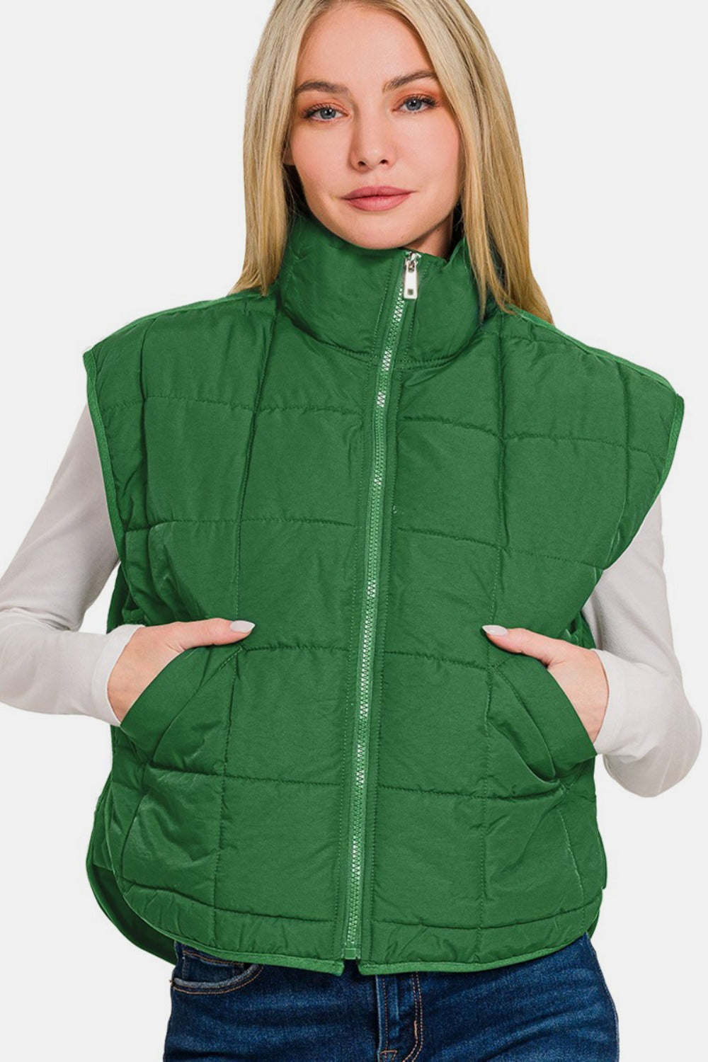 Zenana Zip Up Cropped Puffer Vest with Pockets Trendsi