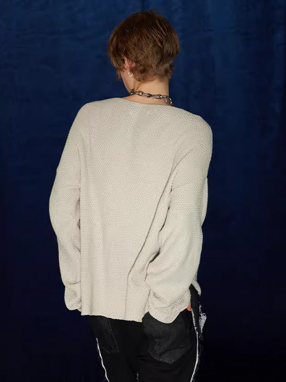 Sneakerhill Star Cutout Dropped Shoulder Knit Sweater