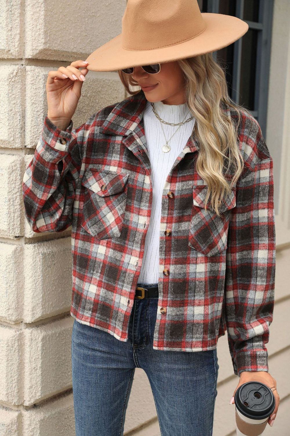 Pocketed Plaid Collared Neck Dropped Shoulder Jacket Trendsi