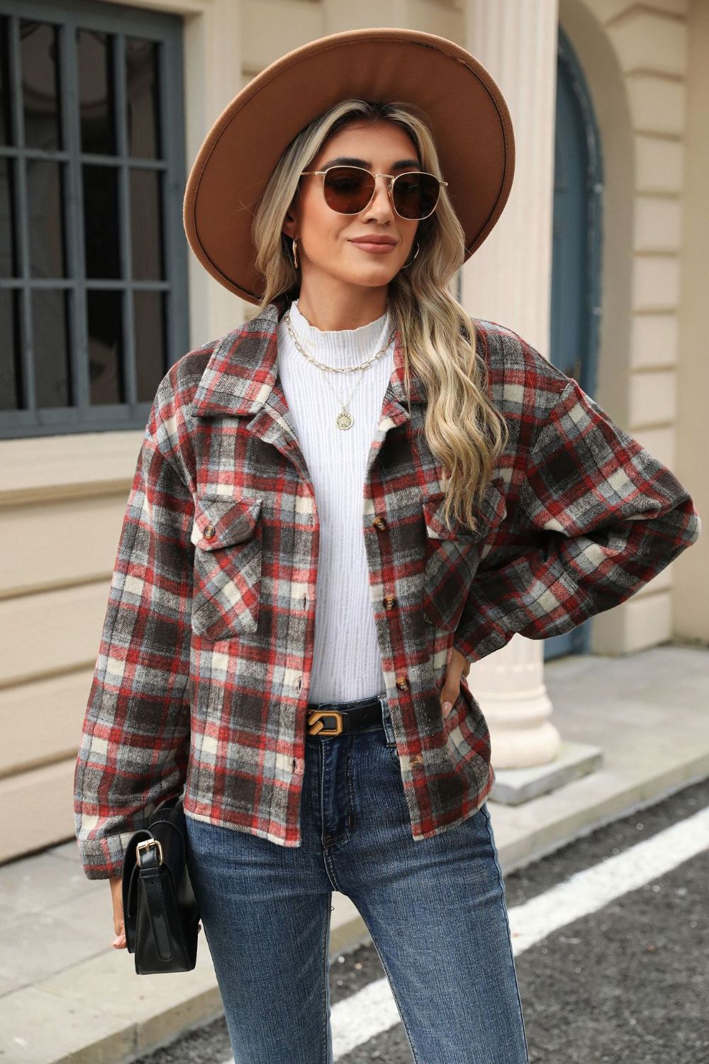 Pocketed Plaid Collared Neck Dropped Shoulder Jacket Trendsi