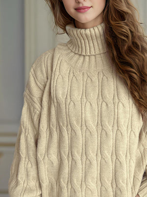 Cable-Knit Turtleneck Long Sleeve Sweater Trendsi