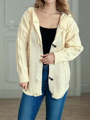 Cable-Knit Long Sleeve Hooded Cardigan Trendsi