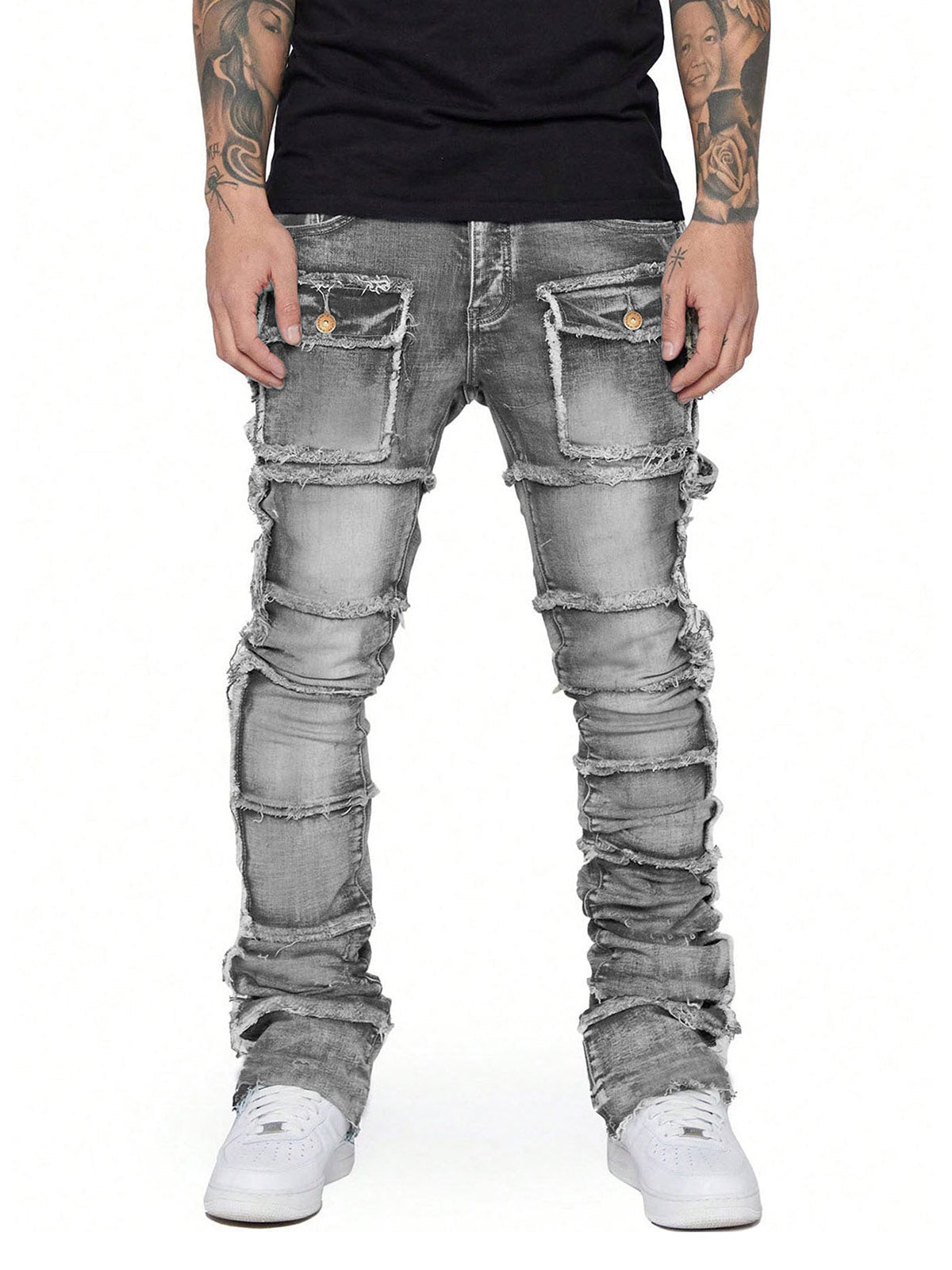 Sneakerhill Stretch Patch Layered Bootcut Stacked Jeans - sneakerhillcom