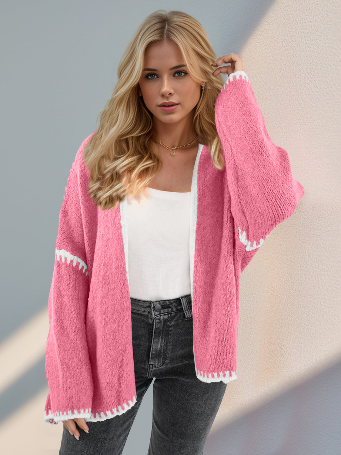 Double Take Contrast Open Front Dropped Shoulder Cardigan Trendsi