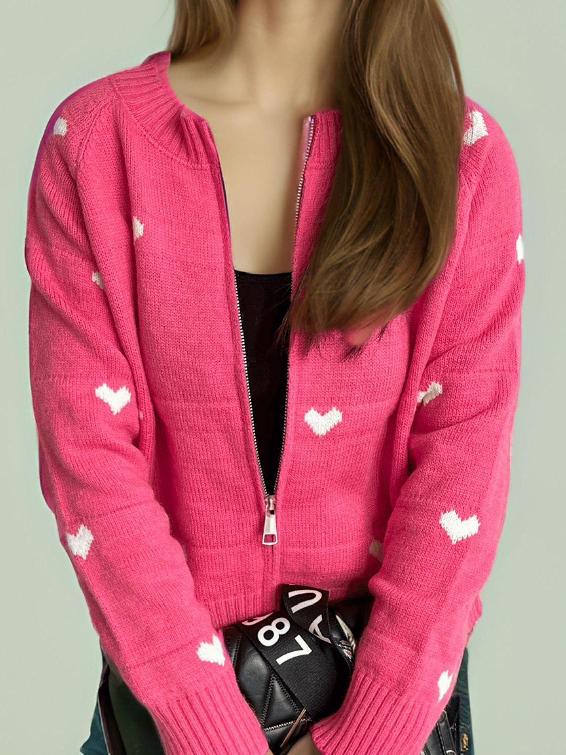 Heart Round Neck Zip Up Cardigan Trendsi