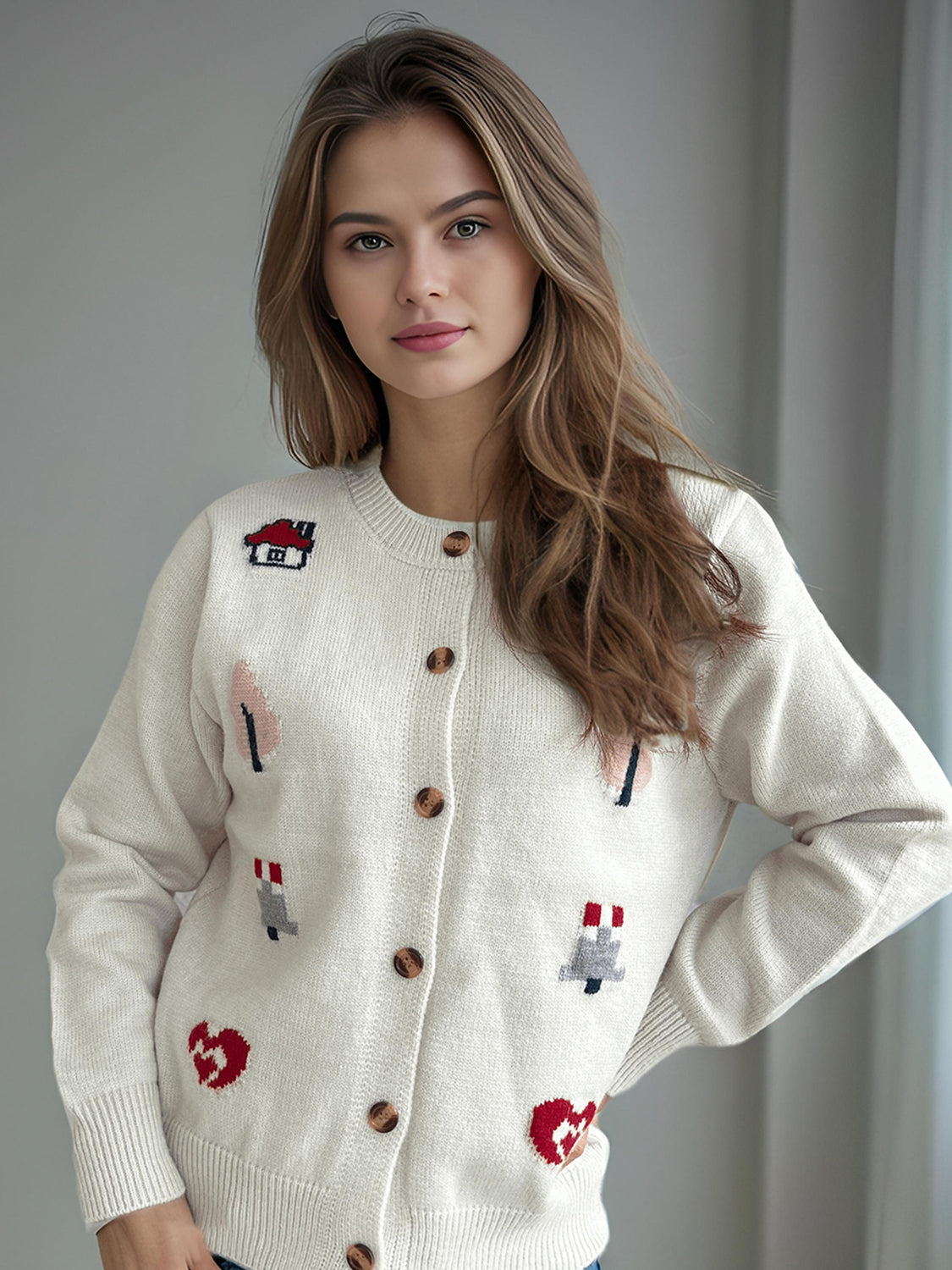 Button Up Round Neck Long Sleeve Cardigan Trendsi