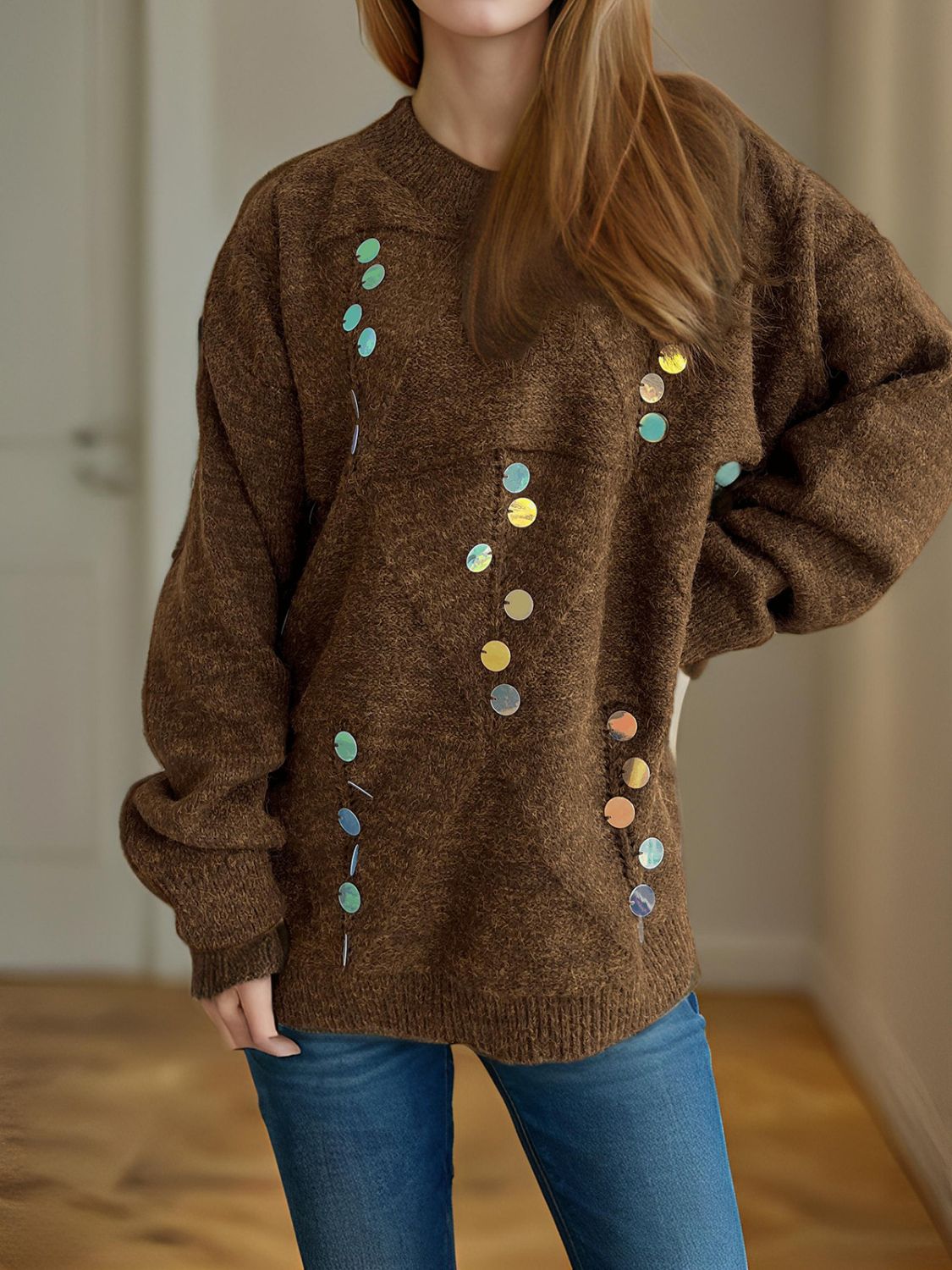 Sequin Mock Neck Long Sleeve Sweater Trendsi