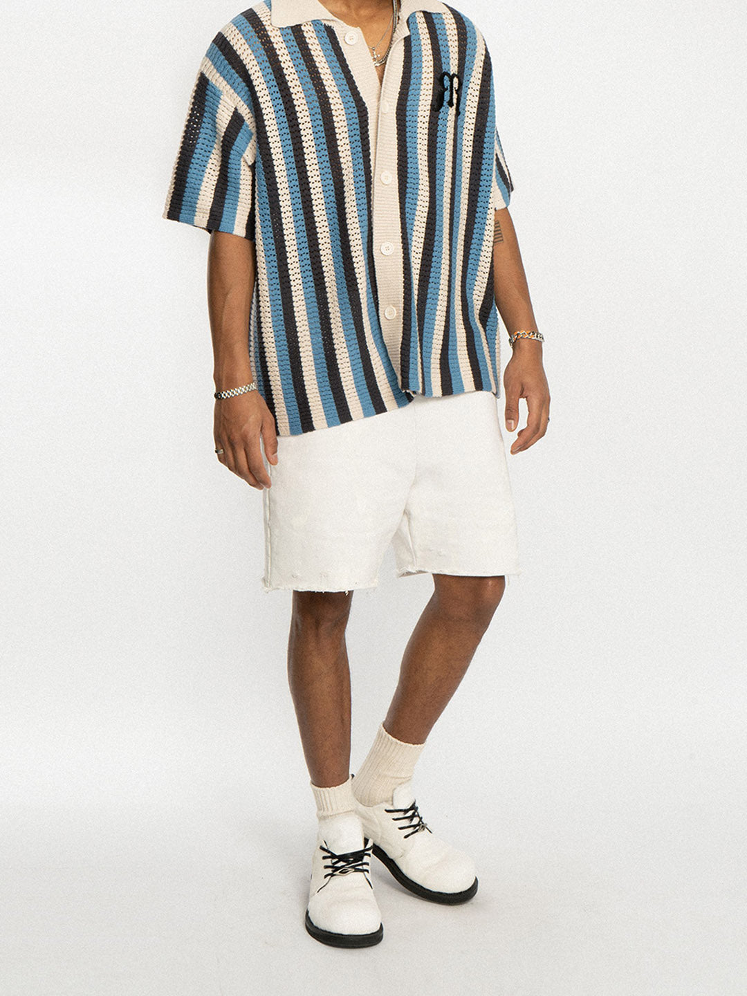 Sneakerhill Striped Embroidered Short-sleeved Shirt