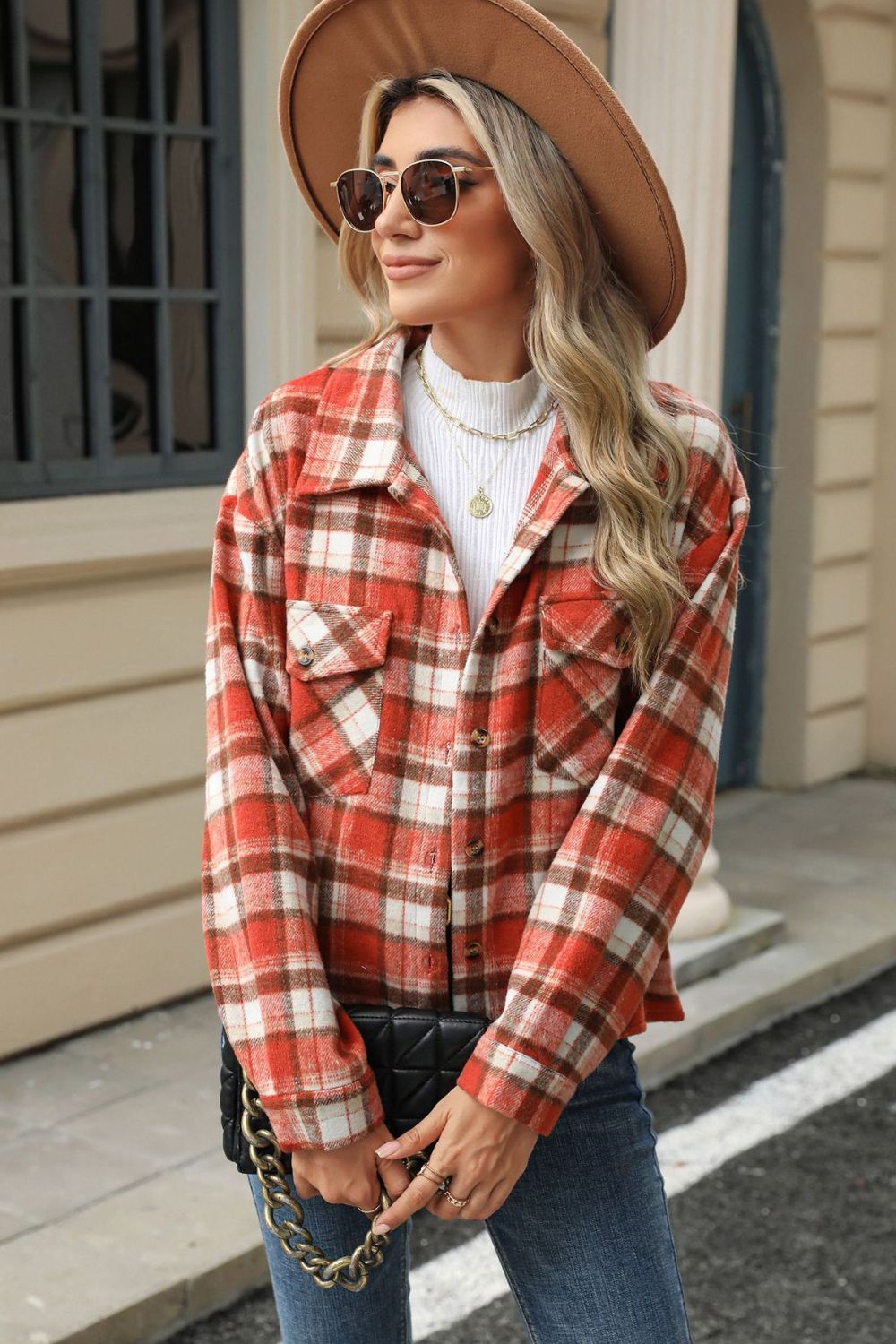 Pocketed Plaid Collared Neck Dropped Shoulder Jacket Trendsi