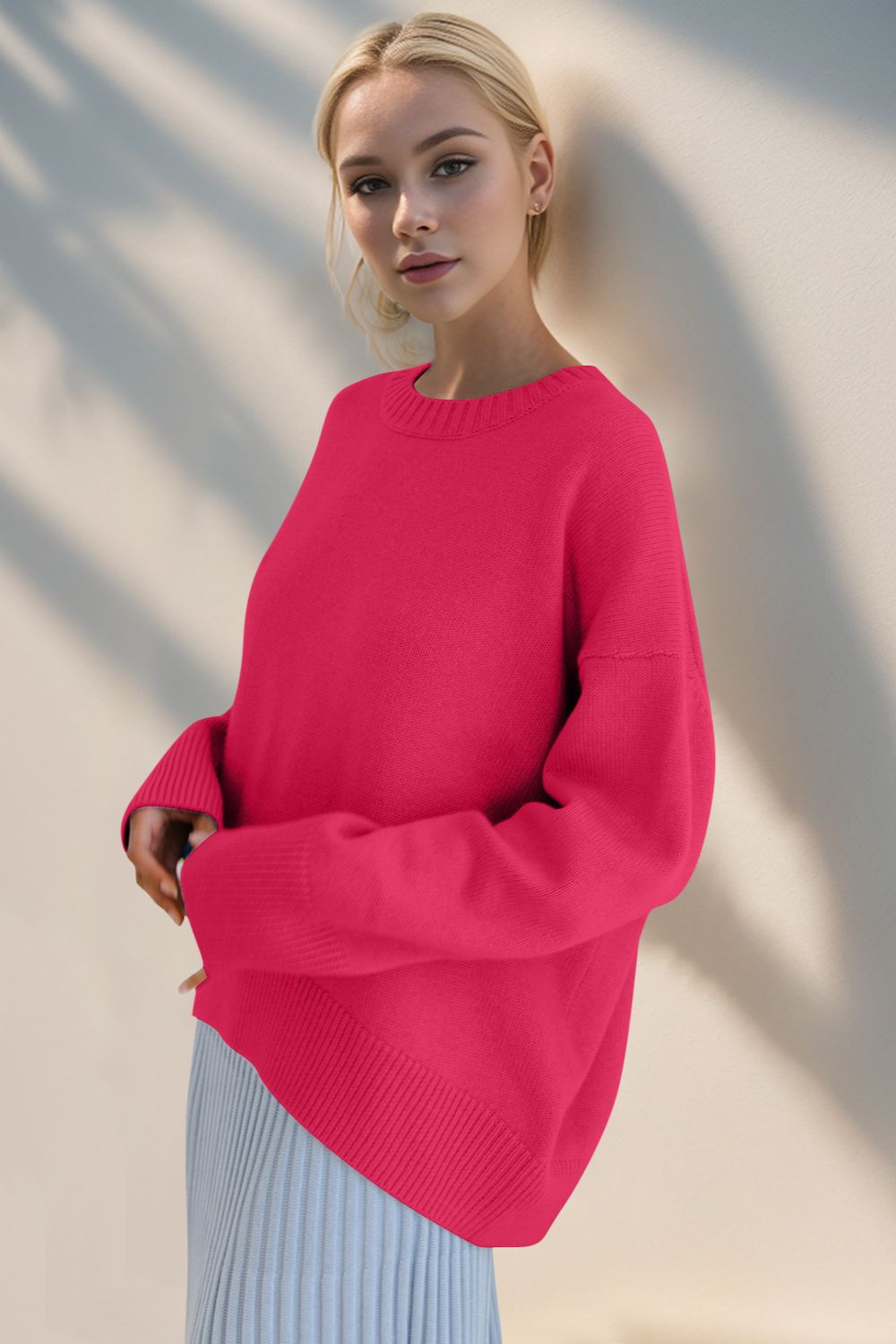 Basic Bae Round Neck Dropped Shoulder Sweater Trendsi