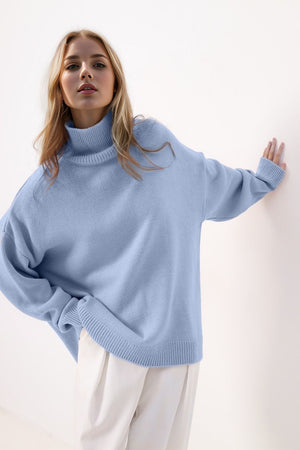 Basic Bae Side Slit Turtleneck Long Sleeve Sweater Trendsi