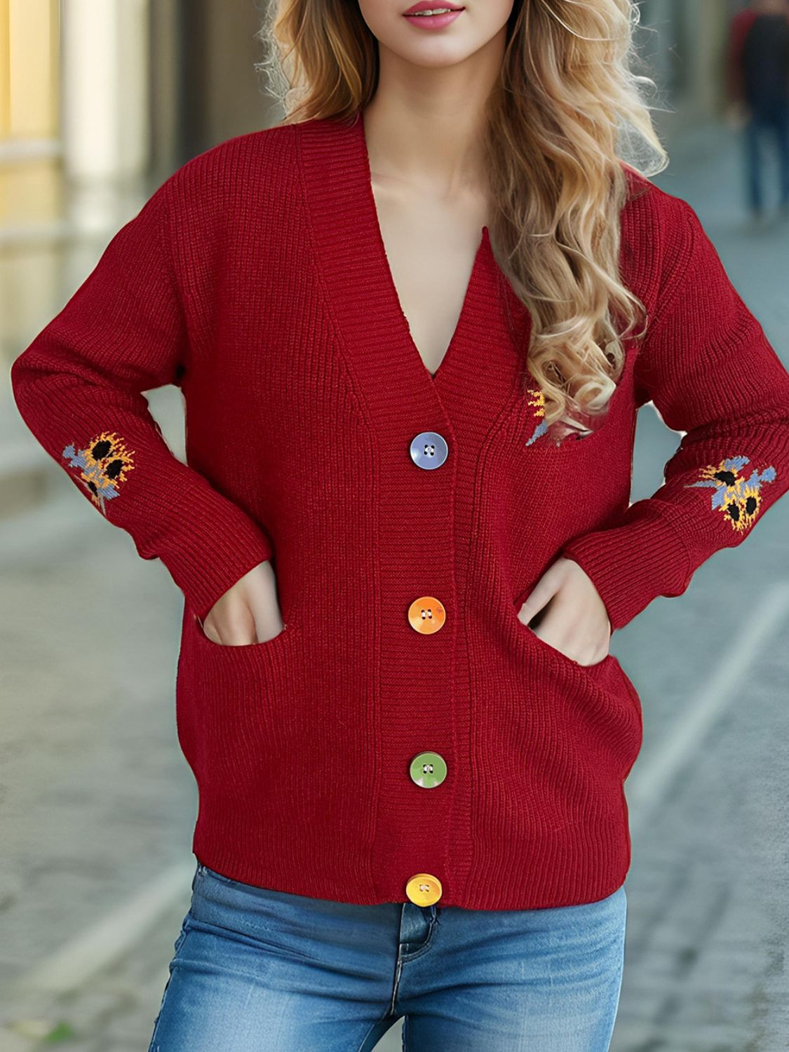 Contrast Button V-Neck Long Sleeve Cardigan Trendsi