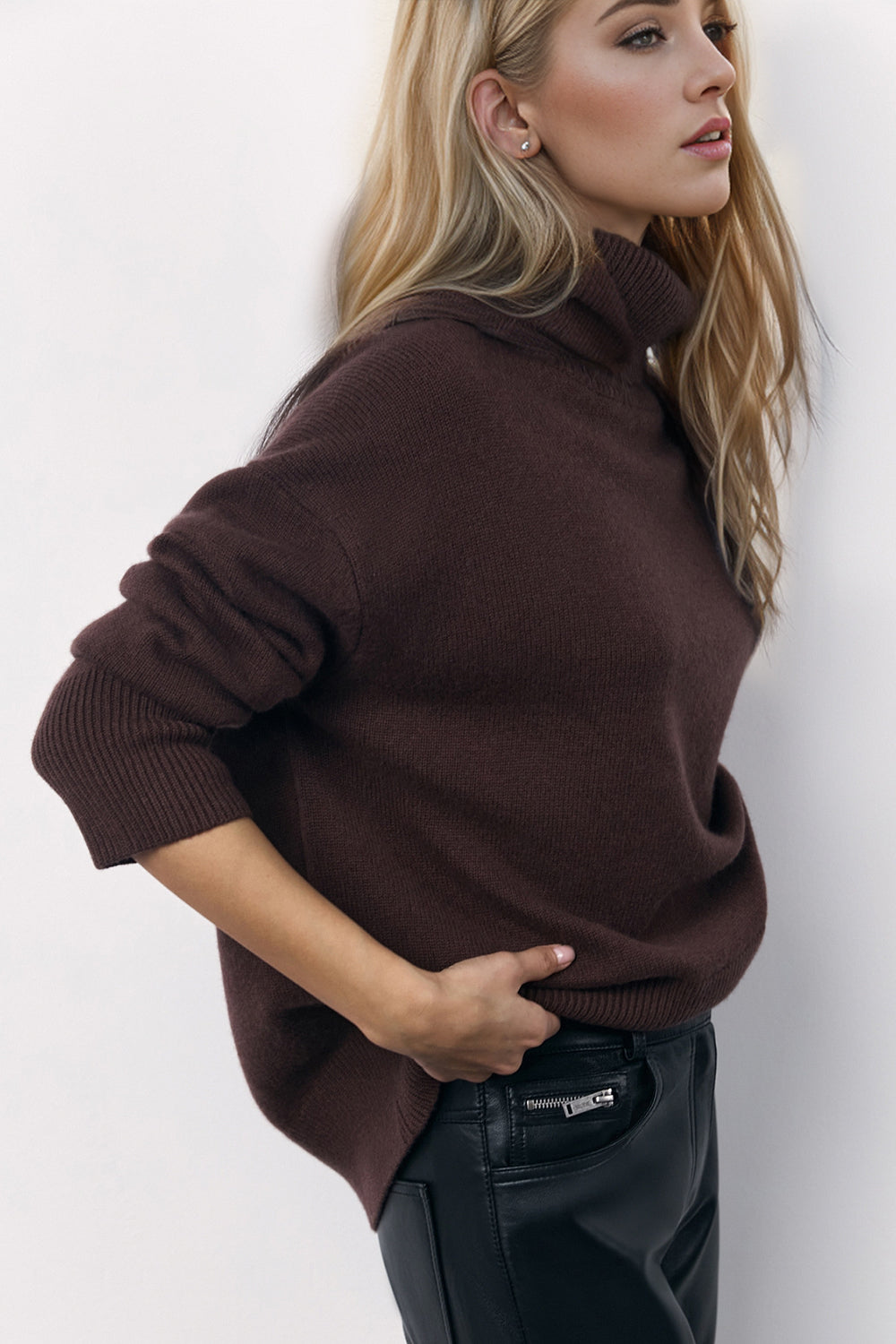 Basic Bae Turtleneck Long Sleeve Dropped Shoulder Sweater Trendsi