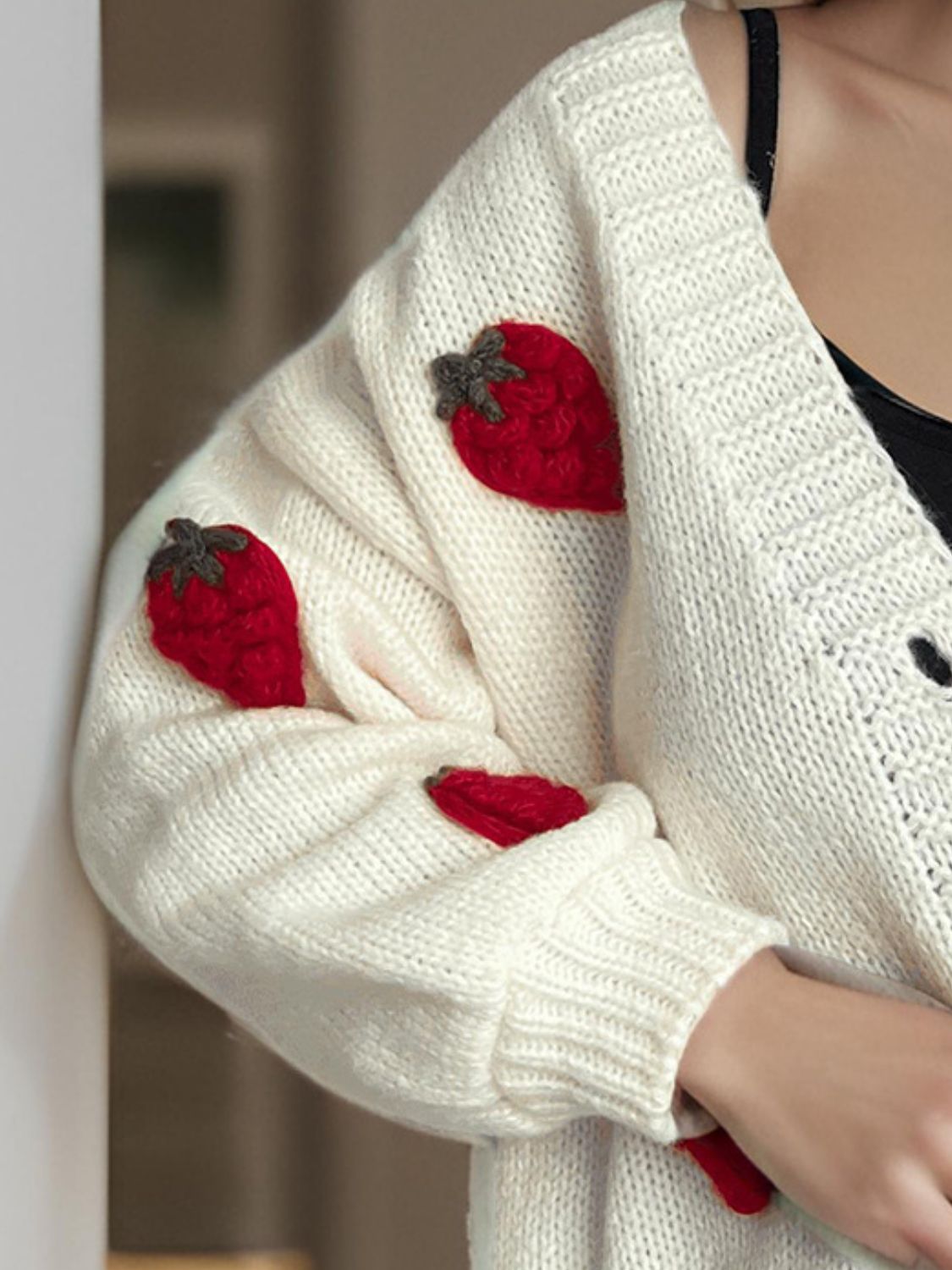 Crochet Strawberry V-Neck Long Sleeve Cardigan Trendsi