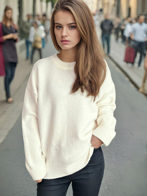 Round Neck Dropped Shoulder Long Sleeve Sweater Trendsi