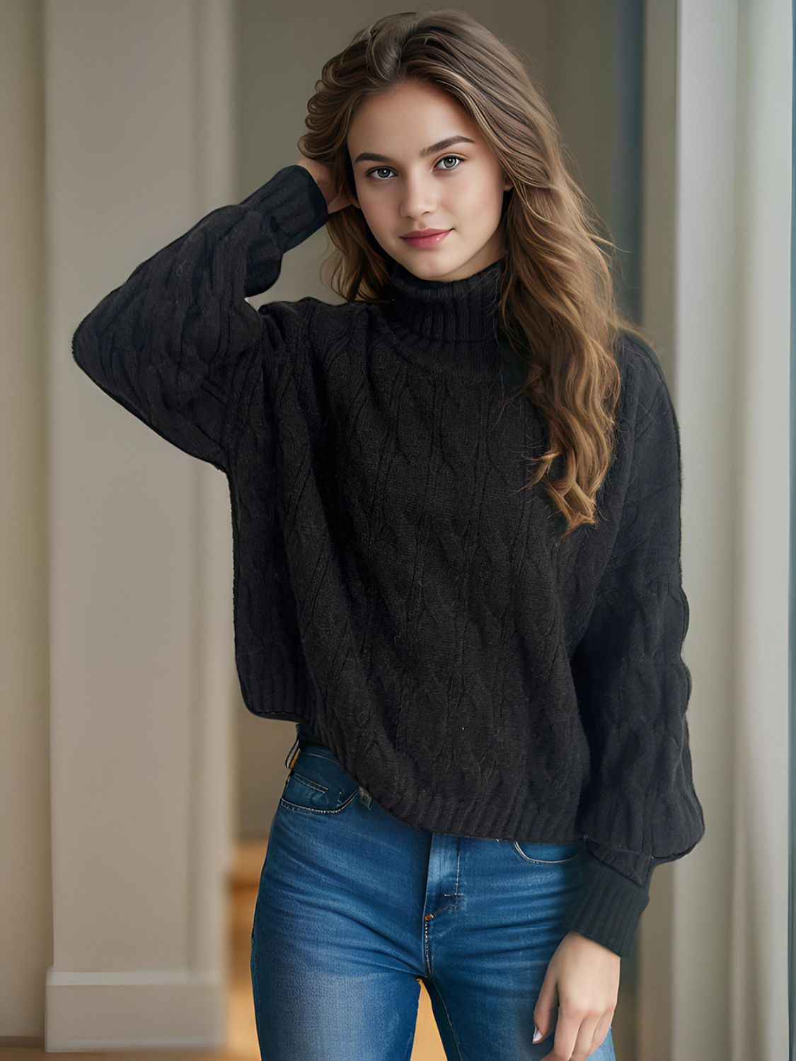 Cable-Knit Turtleneck Long Sleeve Sweater Trendsi