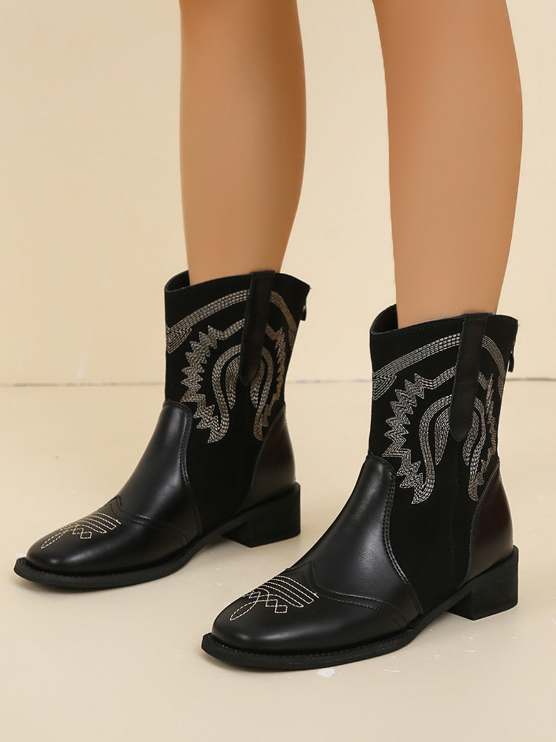 Embroidered PU Leather Block Heel Boots Trendsi