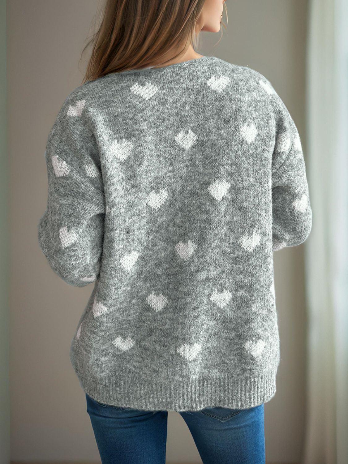 Heart Round Neck Long Sleeve Sweater Trendsi