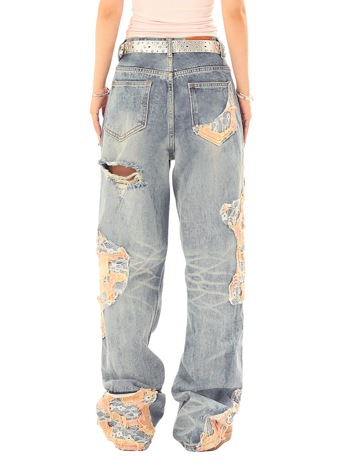 Sneakerhill Vintage Lace Patchwork Baggy Jeans - sneakerhillcom