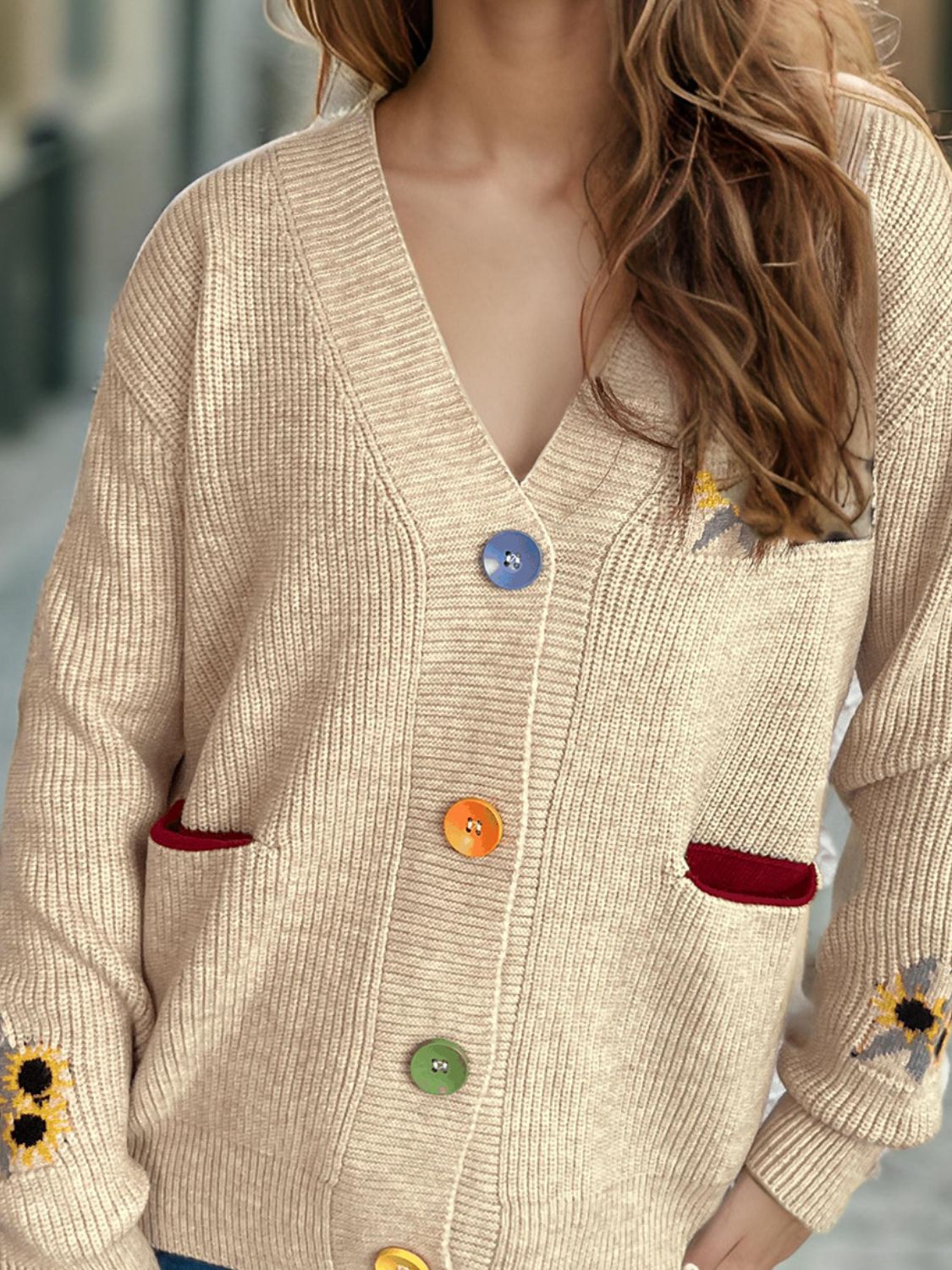 Contrast Button V-Neck Long Sleeve Cardigan Trendsi