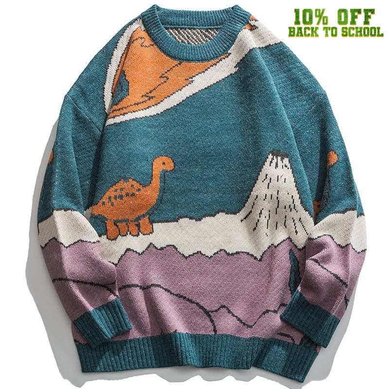 Sneakerhill® Knitted Sweater Cartoon Dinosaur and Volcanoes - sneakerhillcom