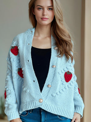 Strawberry Button Down Long Sleeve Cardigan Trendsi