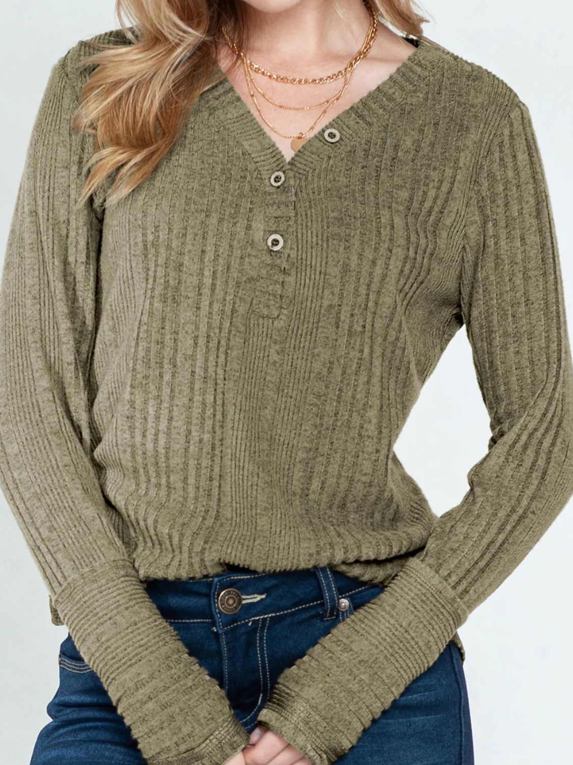 Textured V-Neck Long Sleeve T-Shirt Trendsi