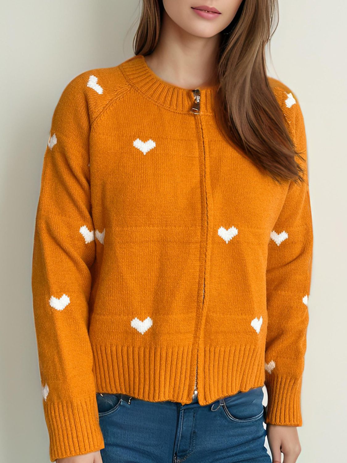 Heart Round Neck Zip Up Cardigan Trendsi