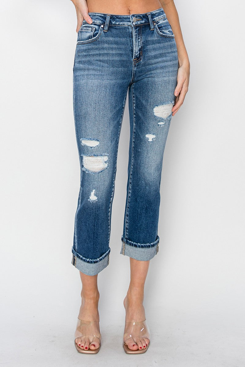 RISEN Full Size Cuffed Ankle Distressed Straight Jeans Trendsi