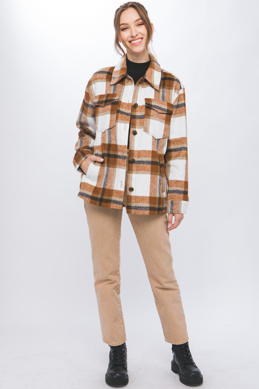 Love Tree Plaid Button Up Shacket Trendsi