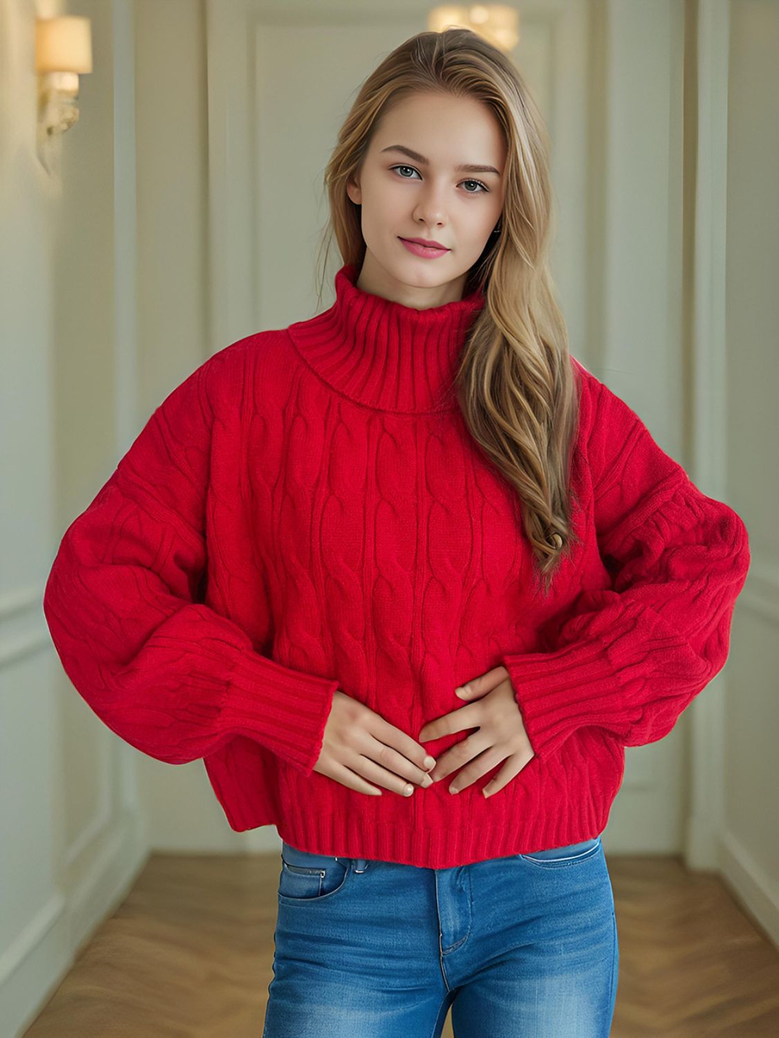 Cable-Knit Turtleneck Long Sleeve Sweater Trendsi