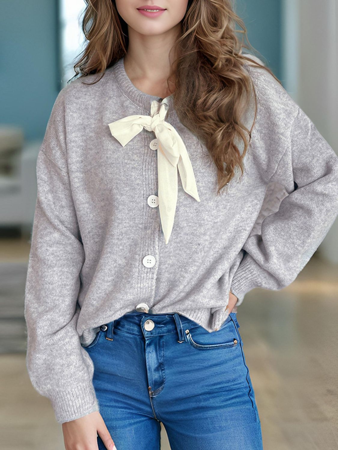 Tied Button Down Long Sleeve Cardigan Trendsi