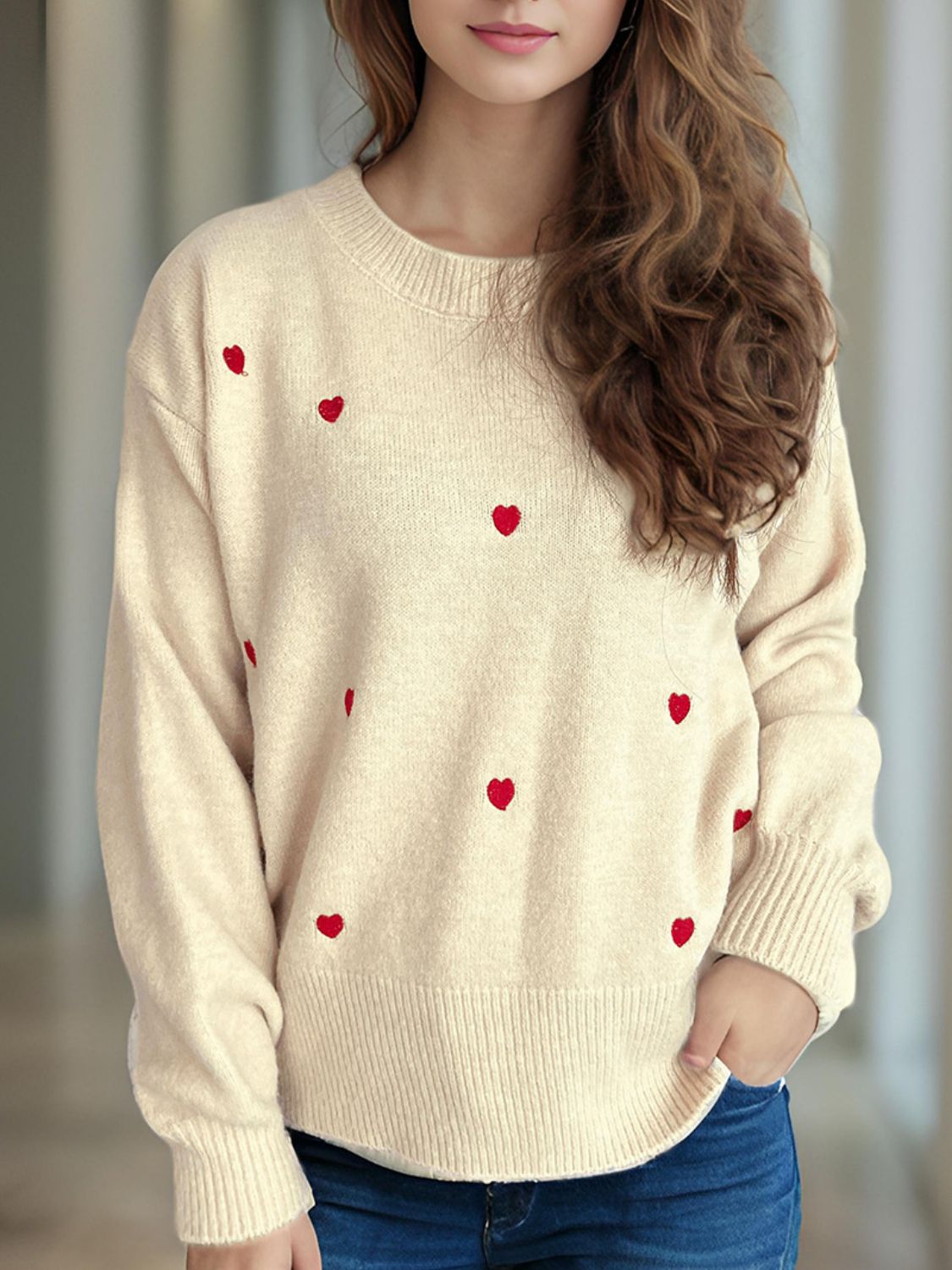 Heart Round Neck Long Sleeve Sweater Trendsi