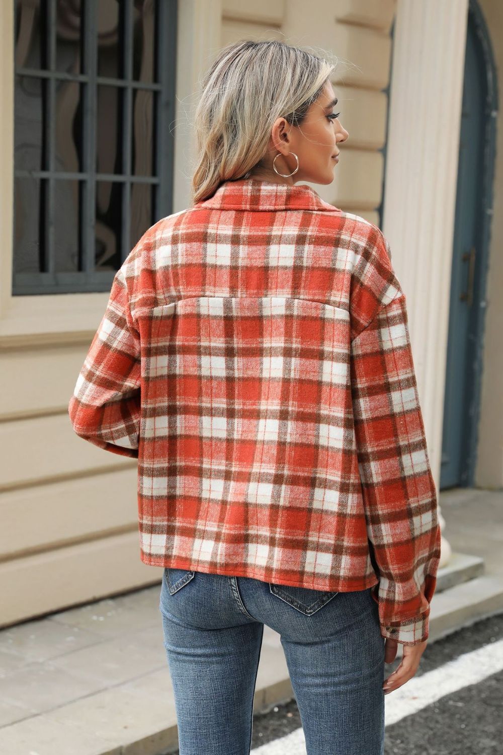 Pocketed Plaid Collared Neck Dropped Shoulder Jacket Trendsi