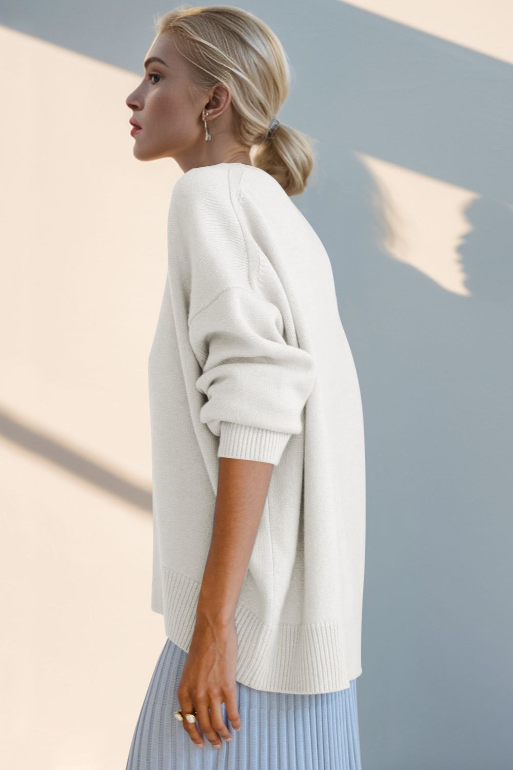 Basic Bae Round Neck Dropped Shoulder Sweater Trendsi