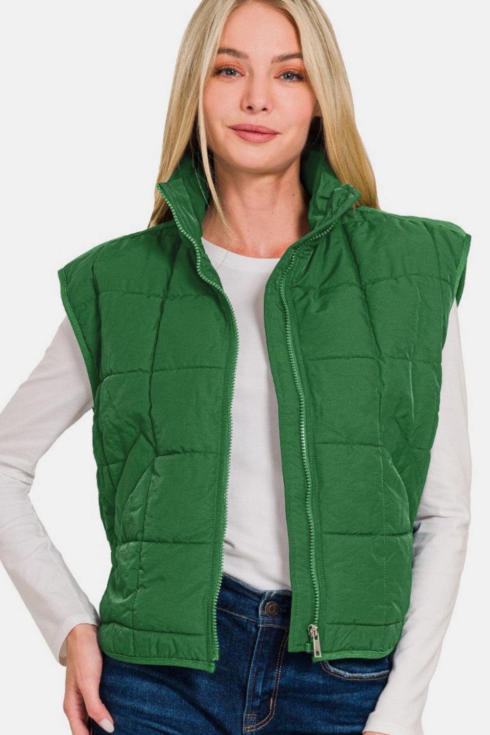 Zenana Zip Up Cropped Puffer Vest with Pockets Trendsi