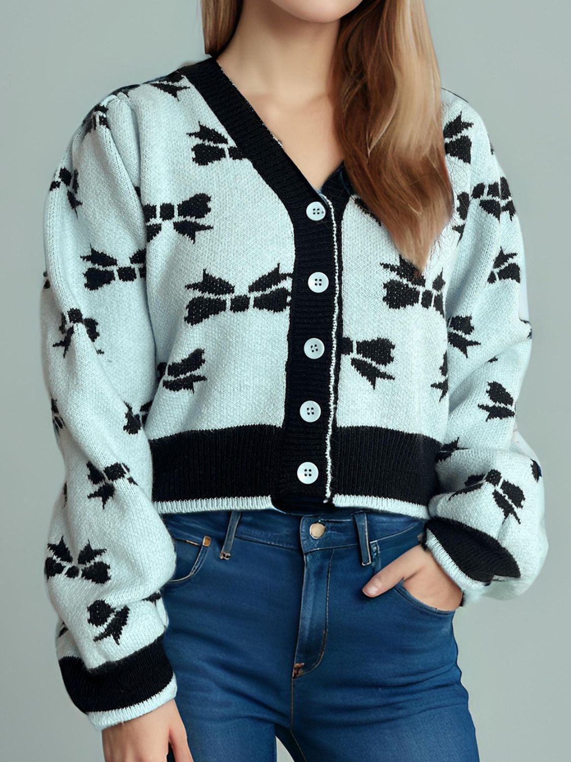 Bow V-Neck Button Down Long Sleeve Cardigan Trendsi