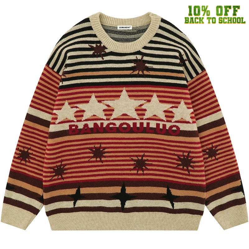 Sneakerhill® Retro Striped Pullover Sweater with Star - sneakerhillcom