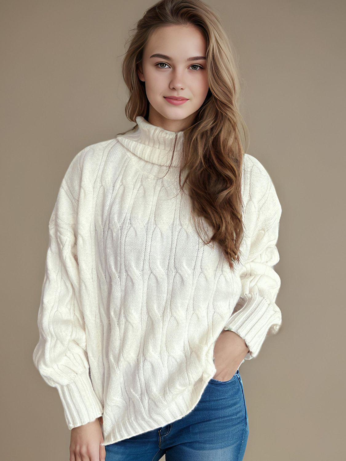 Cable-Knit Turtleneck Long Sleeve Sweater Trendsi