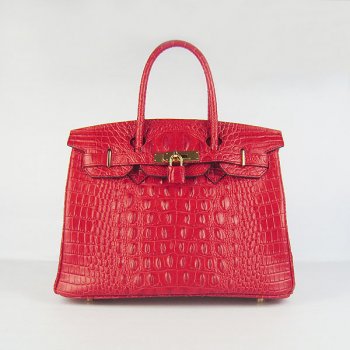 Birkin 30cm Crocodile Head Vein Handbags Red Golden - sneakerlandnet